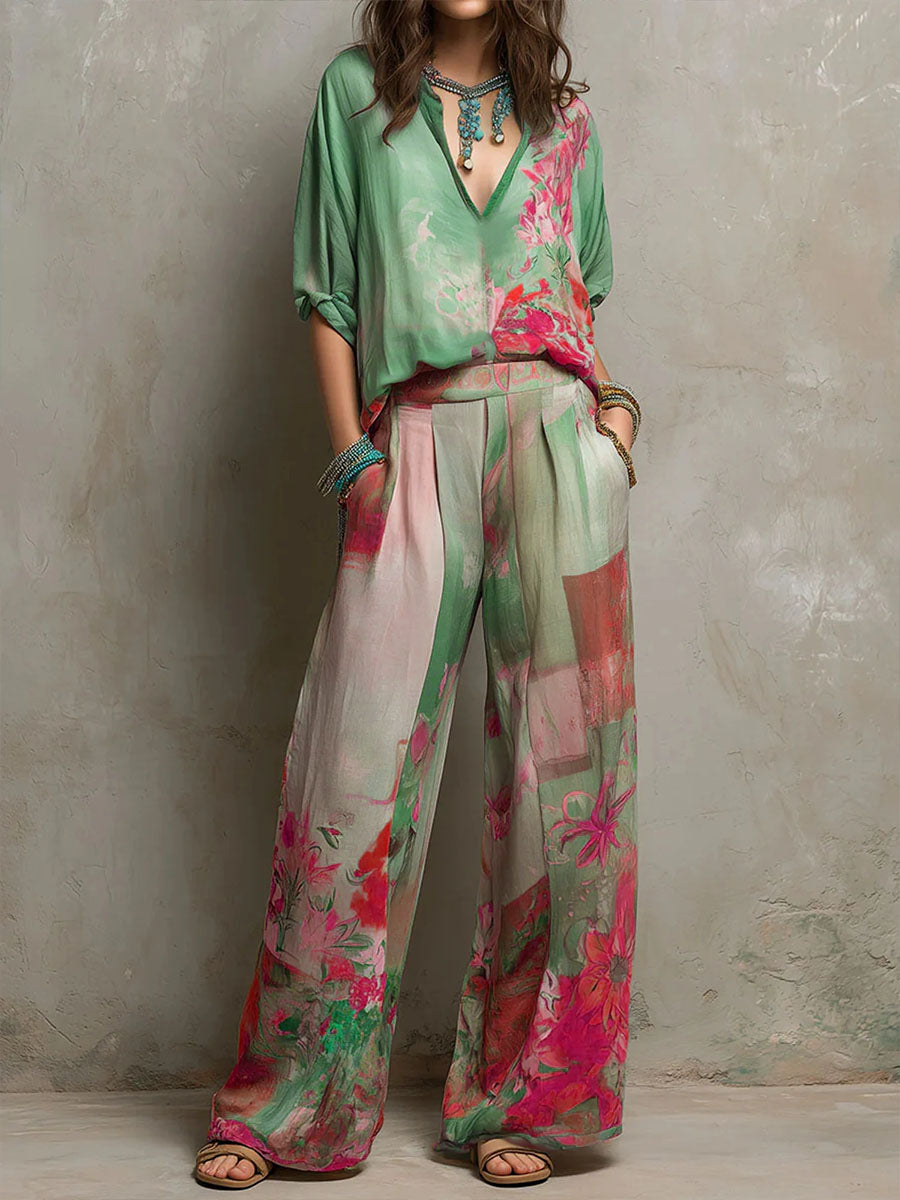 Kiara -  Elegante conjunto con estampado floral y pantalones anchos