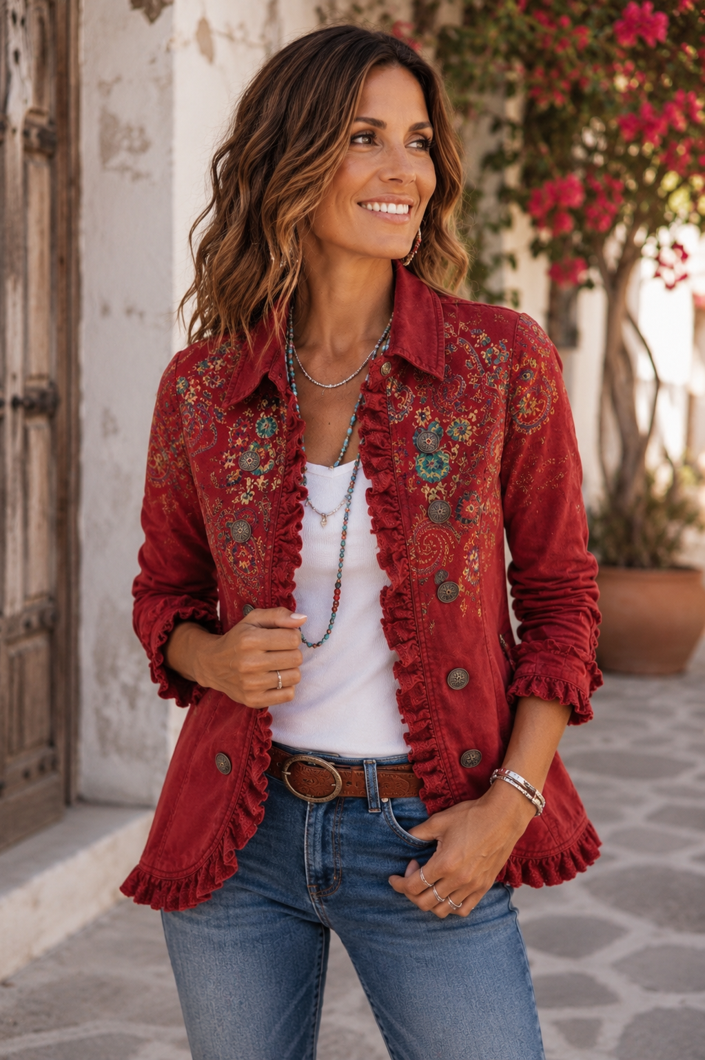 Chaqueta bordada roja con cuello camisero, botones delanteros y tejido artesanal