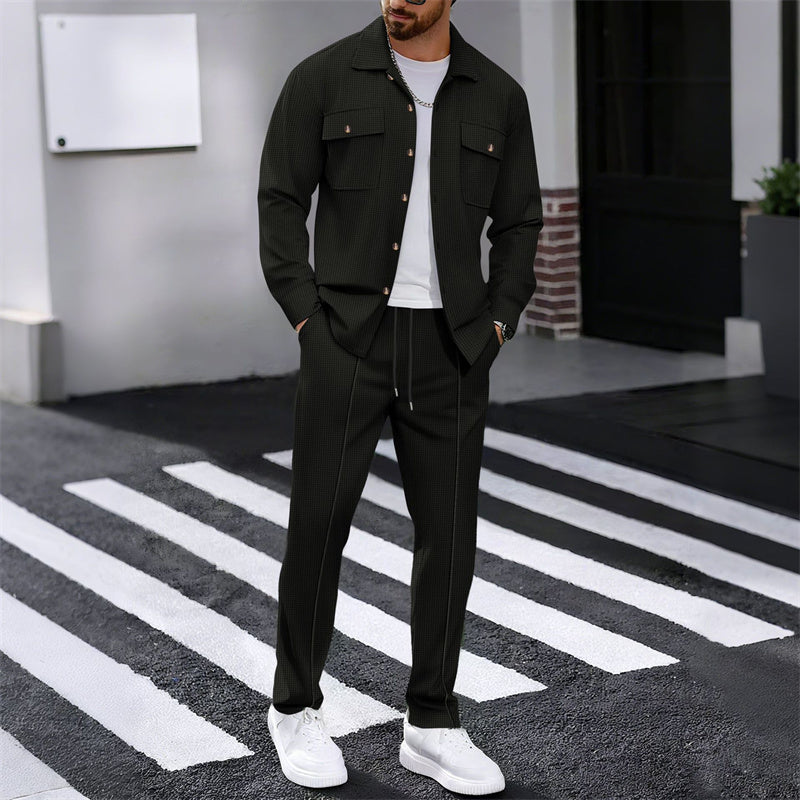 🔥 SCONTO DEL 60%! ⏰ Completo da uomo con giacca abbottonata + pantaloni in maglia a nido d'ape – Taglio ampio, tessuto traspirante e stile casual elegante 👕👖