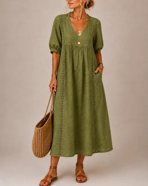 Vestido medio de verano verde con cuello en V, mangas abullonadas y bordado vertical