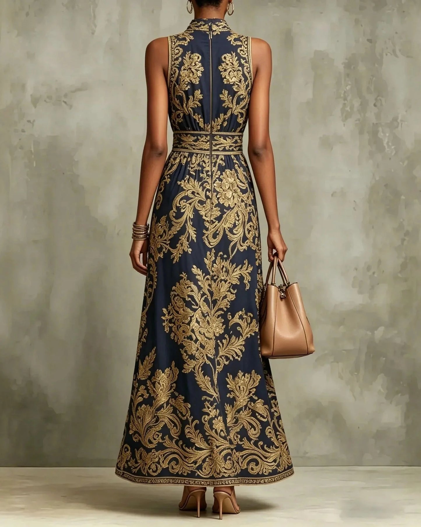 ELENA | VESTIDO LARGO GLAMOUR CON ESTAMPADO BARROCO DORADO