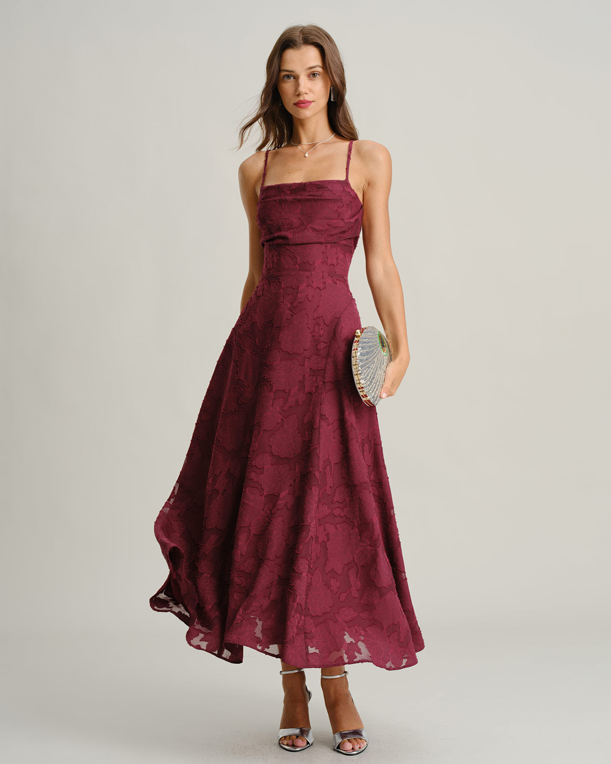 Sonia-Vestido largo sin tirantes de jacquard color rojo vino